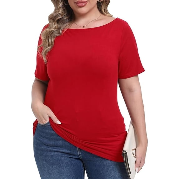 Gocolloa Womens Plus Size Boat Neck Short Sleeve T Shirts Slim Fit Summer Dressy Tops Tee Red 2X
