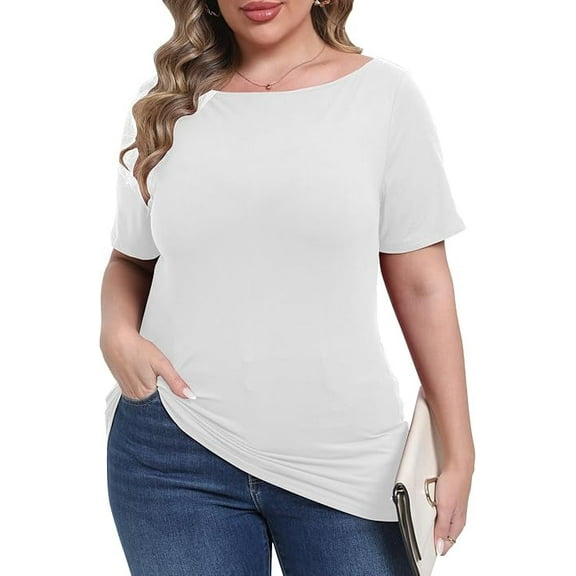 Gocolloa Womens Plus Size Boat Neck Short Sleeve T Shirts Slim Fit Summer Dressy Tops Tee White 1X
