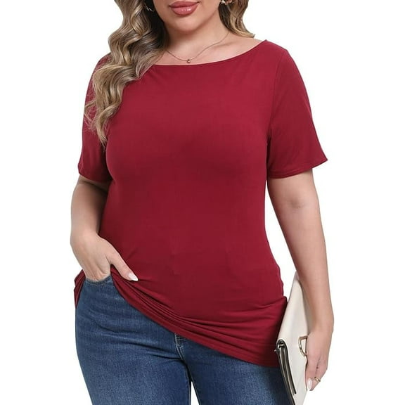 Gocolloa Womens Plus Size Boat Neck Short Sleeve T Shirts Slim Fit Summer Dressy Tops Tee Wine Red 2X
