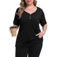 thumbnail image 1 of Gocolloa Womens Plus Size Button Up V Neck Tops Short Sleeve Ribbed T Shirts Summer Loose Dressy Tunic Black 3X, 1 of 7