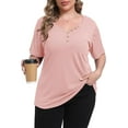thumbnail image 1 of Gocolloa Womens Plus Size Button Up V Neck Tops Short Sleeve Ribbed T Shirts Summer Loose Dressy Tunic Pink 3X, 1 of 7