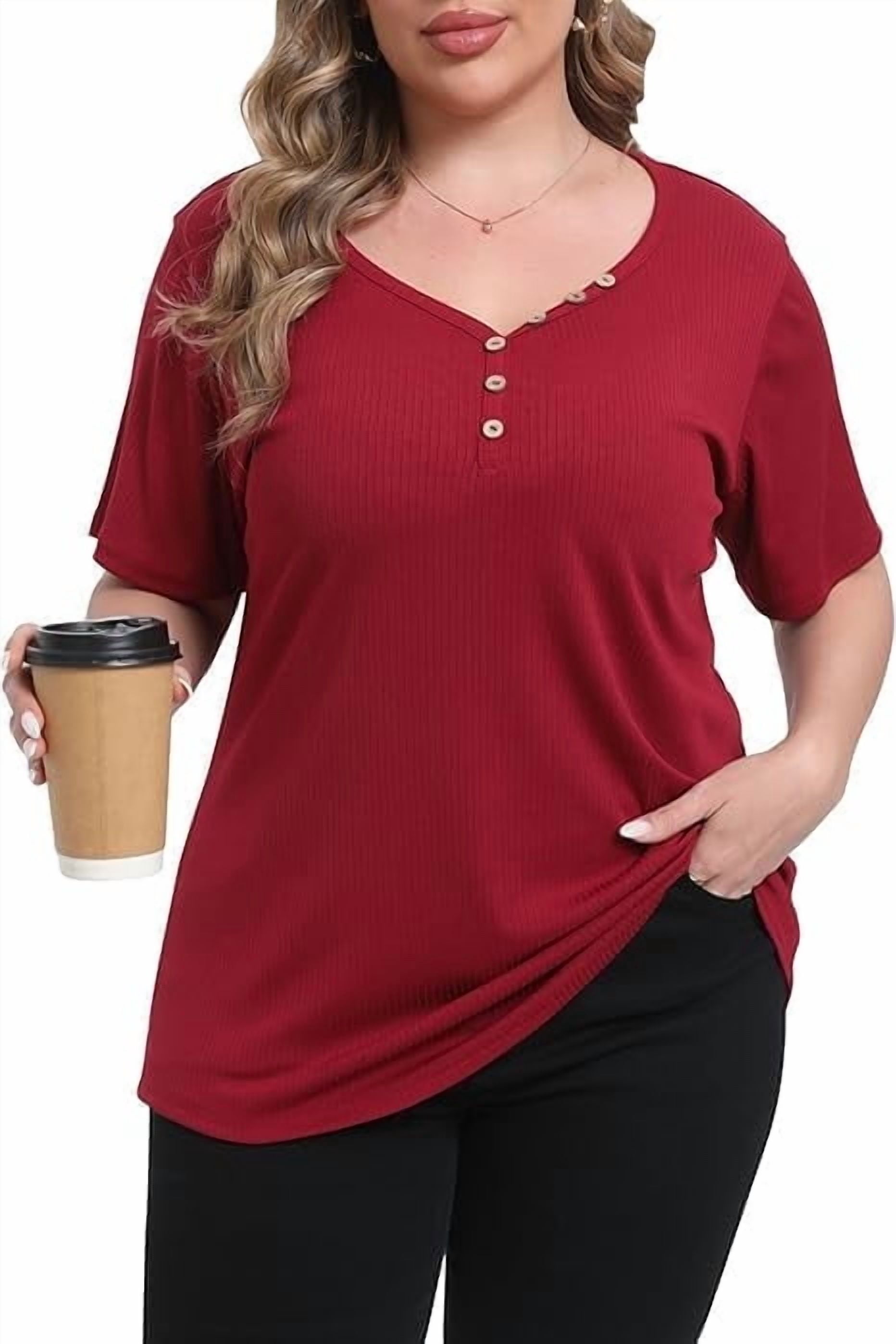 Gocolloa Womens Plus Size Button Up V Neck Tops Short Sleeve Ribbed T ...