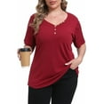 thumbnail image 1 of Gocolloa Womens Plus Size Button Up V Neck Tops Short Sleeve Ribbed T Shirts Summer Loose Dressy Tunic Wine Red 1X, 1 of 7