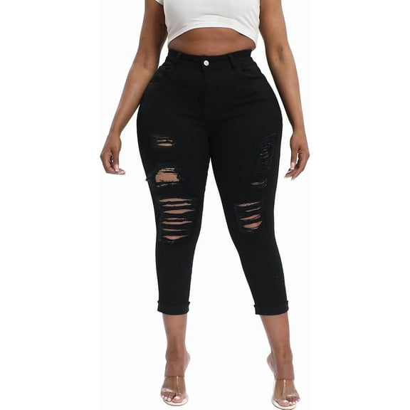 Gocolloa Womens Plus Size Capri Jeans Stretchy High Waisted Skinny Denim Capris Pants Black 16W