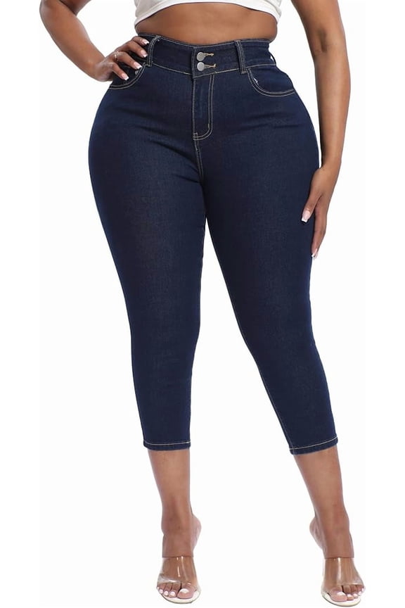 Womens Plus Size Capri Jeans Stretchy High Waisted Skinny Denim Capris Pants Dark Blue 16W