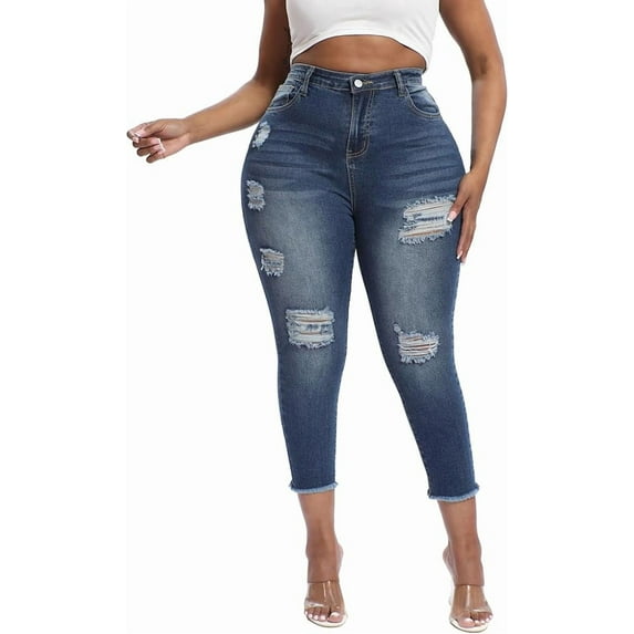 Gocolloa Womens Plus Size Capri Jeans Stretchy High Waisted Skinny Denim Capris Pants Royal Blue 14W