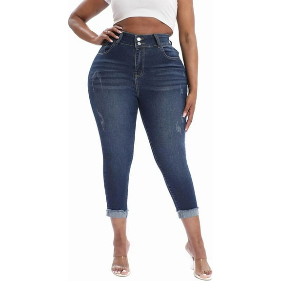 Gocolloa Womens Plus Size Capri Jeans Stretchy High Waisted Skinny Denim Capris Pants Royal Blue 14W
