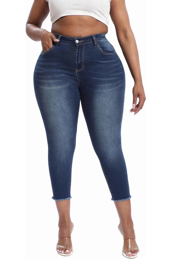 Womens Plus Size Capri Jeans Stretchy High Waisted Skinny Denim Capris Pants Royal Blue 14W