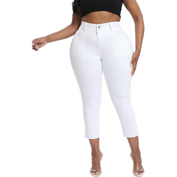 Gocolloa Womens Plus Size Capri Jeans Stretchy High Waisted Skinny Denim Capris Pants White 26W
