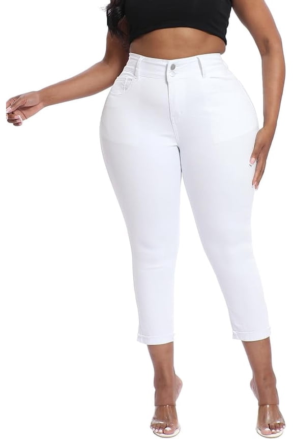 Womens Plus Size Capri Jeans Stretchy High Waisted Skinny Denim Capris Pants White 26W