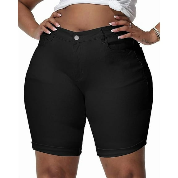 Gocolloa Womens Plus Size Jean Shorts High Waisted Stretchy Midi Bermuda Denim Shorts 8.7" Inseam Black 24W