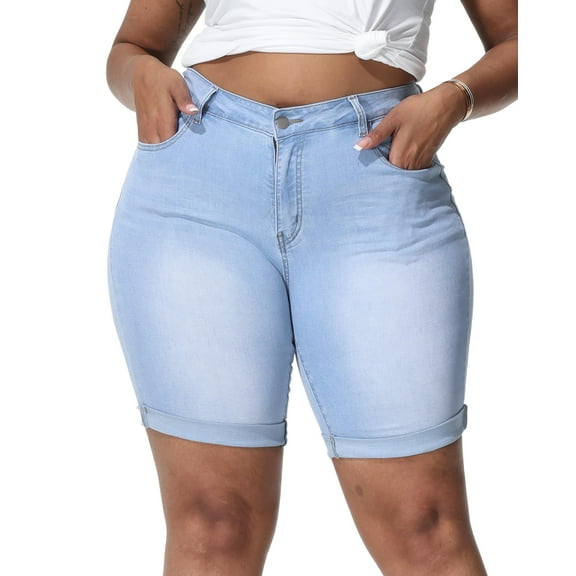 Gocolloa Womens Plus Size Jean Shorts High Waisted Stretchy Midi Bermuda Denim Shorts 8.7" Inseam Light Blue 24W