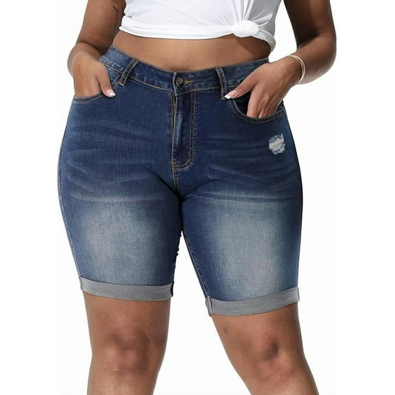 Gocolloa Womens Plus Size Jean Shorts High Waisted Stretchy Midi Bermuda Denim Shorts 8.7" Inseam Royal Blue 16W