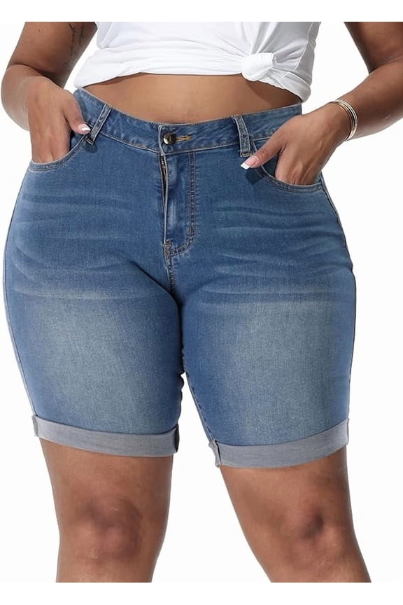 Womens Plus Size Jean Shorts High Waisted Stretchy Midi Bermuda Denim Shorts 8.7" Inseam Royal Blue 20W