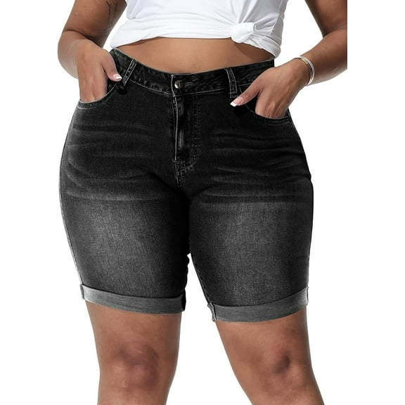 Gocolloa Womens Plus Size Jean Shorts High Waisted Stretchy Midi Bermuda Denim Shorts 8.7" Inseam Smoky Gray 20W