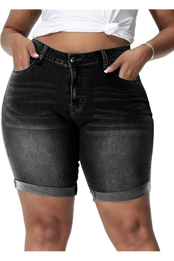 Womens Plus Size Jean Shorts High Waisted Stretchy Midi Bermuda Denim Shorts 8.7" Inseam Smoky Gray 26W