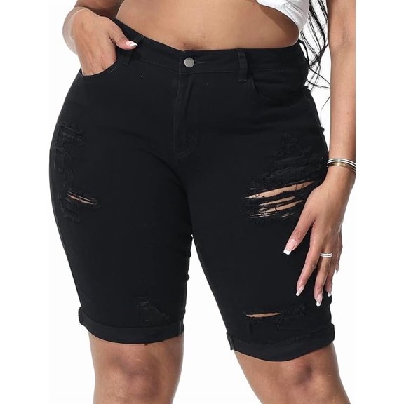 Gocolloa Womens Plus Size Jean Shorts High Waisted Stretchy Midi Bermuda Denim Shorts Black 14W