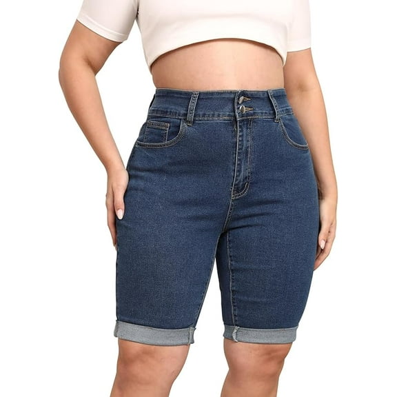 Gocolloa Womens Plus Size Jean Shorts High Waisted Stretchy Midi Bermuda Denim Shorts Royal Blue 14W
