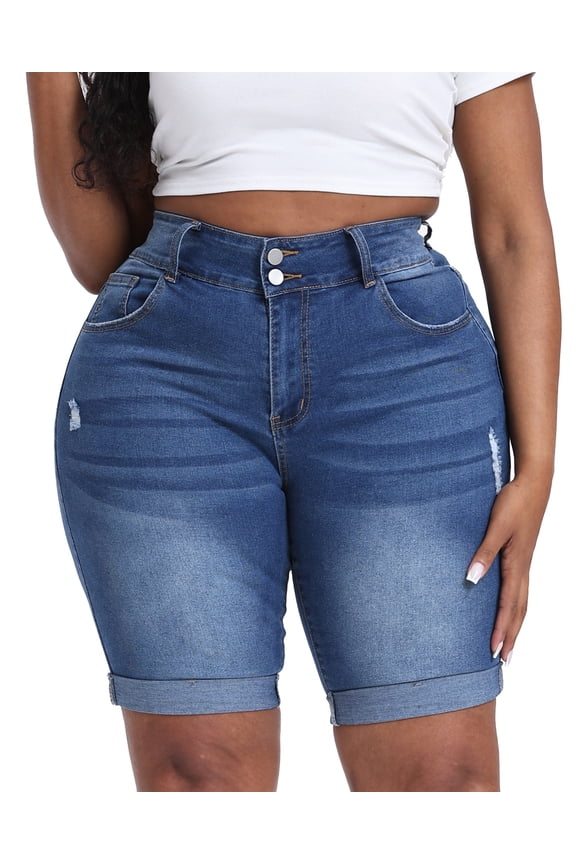 Womens Plus Size Jean Shorts High Waisted Stretchy Midi Bermuda Denim Shorts Royal Blue 26W