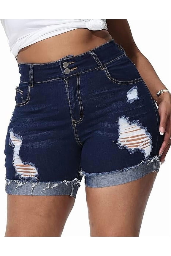 Womens Plus Size Jean Shorts High Waisted Stretchy Ripped Frayed Folded Hem Denim Shorts Dark Blue 14W