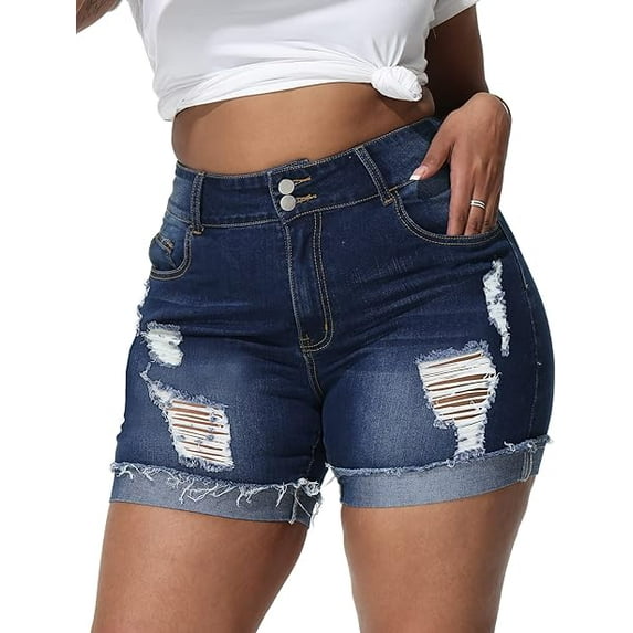 Gocolloa Womens Plus Size Jean Shorts High Waisted Stretchy Ripped Frayed Folded Hem Denim Shorts Dark Blue 14W