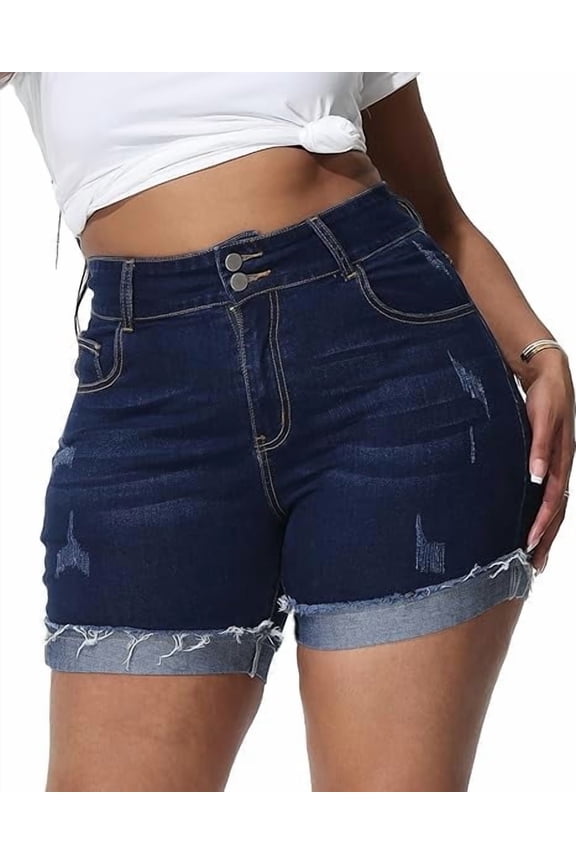 Womens Plus Size Jean Shorts High Waisted Stretchy Ripped Frayed Folded Hem Denim Shorts Dark Blue 18W