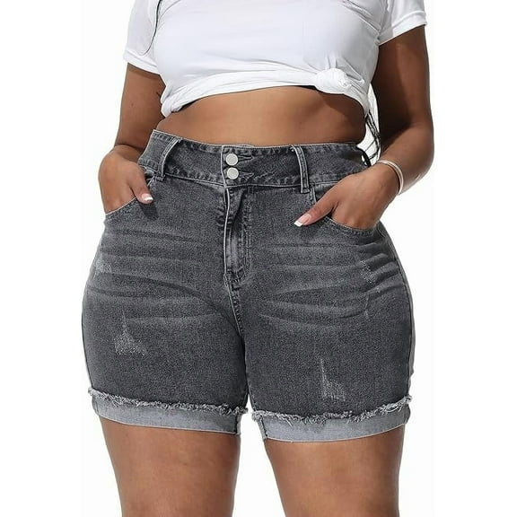 Gocolloa Womens Plus Size Jean Shorts High Waisted Stretchy Ripped Frayed Folded Hem Denim Shorts Gray 24W