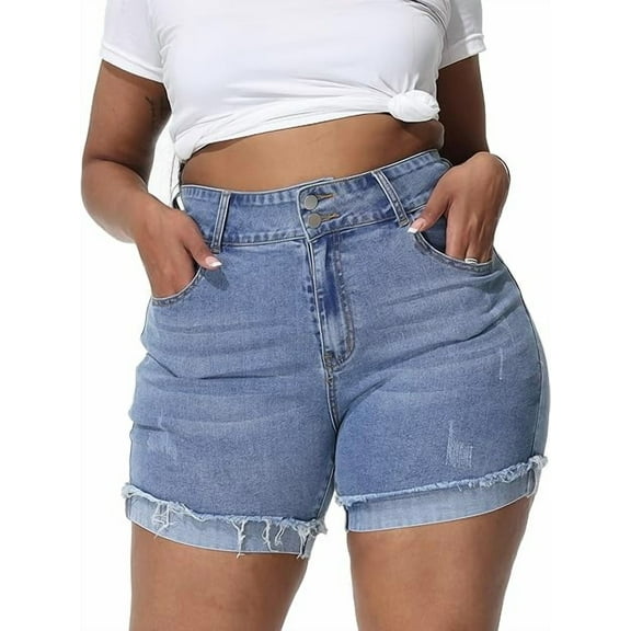 Gocolloa Womens Plus Size Jean Shorts High Waisted Stretchy Ripped Frayed Folded Hem Denim Shorts Light Blue 16W
