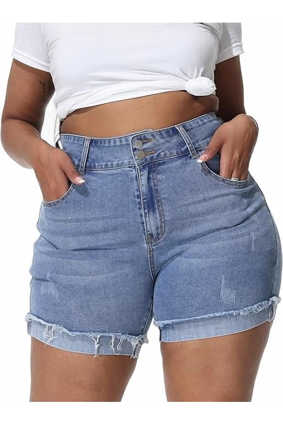 Womens Plus Size Jean Shorts High Waisted Stretchy Ripped Frayed Folded Hem Denim Shorts Light Blue 22W