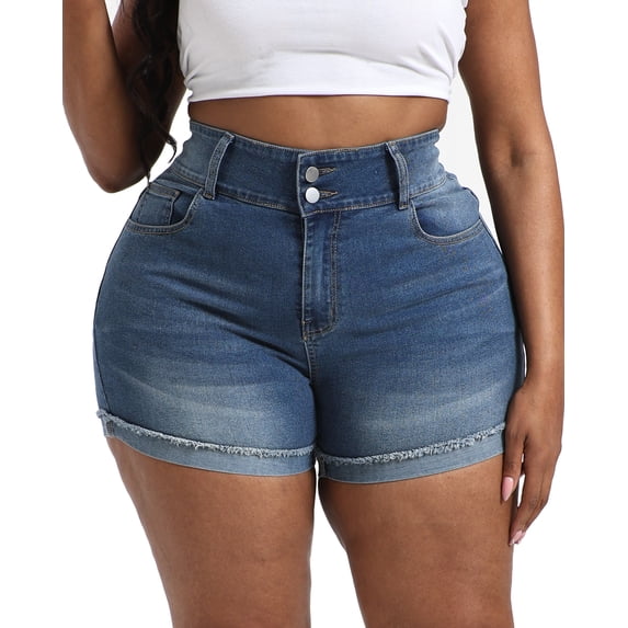 Gocolloa Womens Plus Size Jean Shorts High Waisted Stretchy Ripped Frayed Folded Hem Denim Shorts Royal Blue 20W