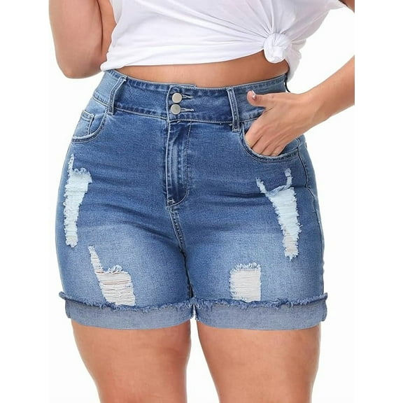 Gocolloa Womens Plus Size Jean Shorts High Waisted Stretchy Ripped Frayed Folded Hem Denim Shorts Royal Blue 26W