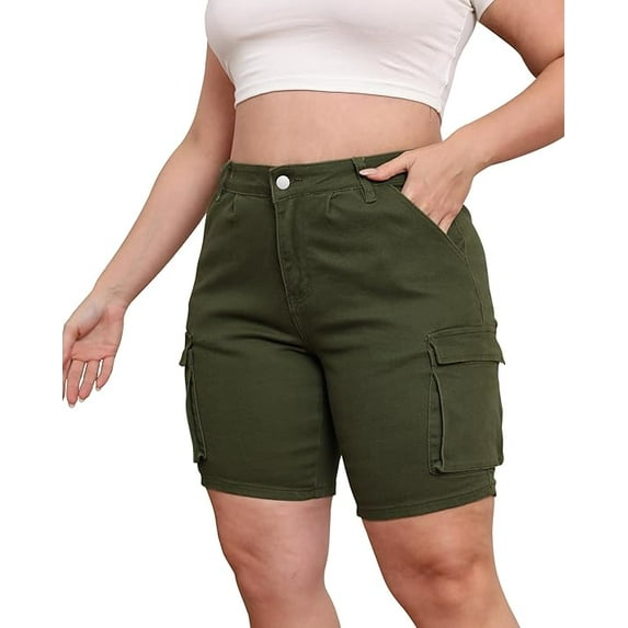 Gocolloa Womens Plus Size Jean Shorts Stretchy Cargo Bermuda Shorts High Waisted Y2k Denim Shorts Army Green 24W
