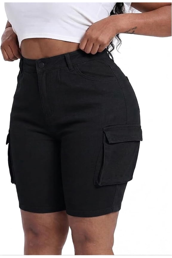 Womens Plus Size Jean Shorts Stretchy Cargo Bermuda Shorts High Waisted Y2k Denim Shorts Black 20W