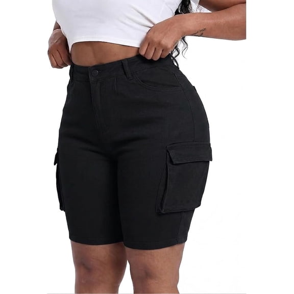 Gocolloa Womens Plus Size Jean Shorts Stretchy Cargo Bermuda Shorts High Waisted Y2k Denim Shorts Black 22W