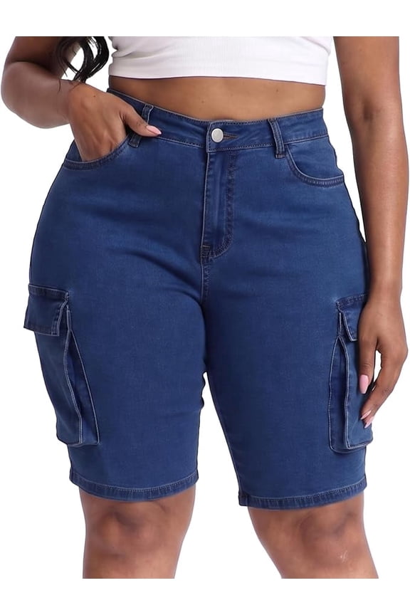 Womens Plus Size Jean Shorts Stretchy Cargo Bermuda Shorts High Waisted Y2k Denim Shorts Royal Blue 20W