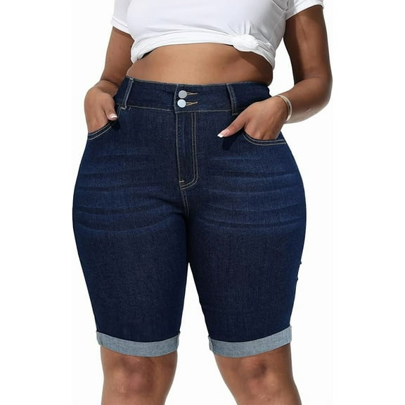Gocolloa Womens Plus Size Jean Shorts Stretchy High Waisted 10" Bermuda Denim Shorts Dark Blue 22W