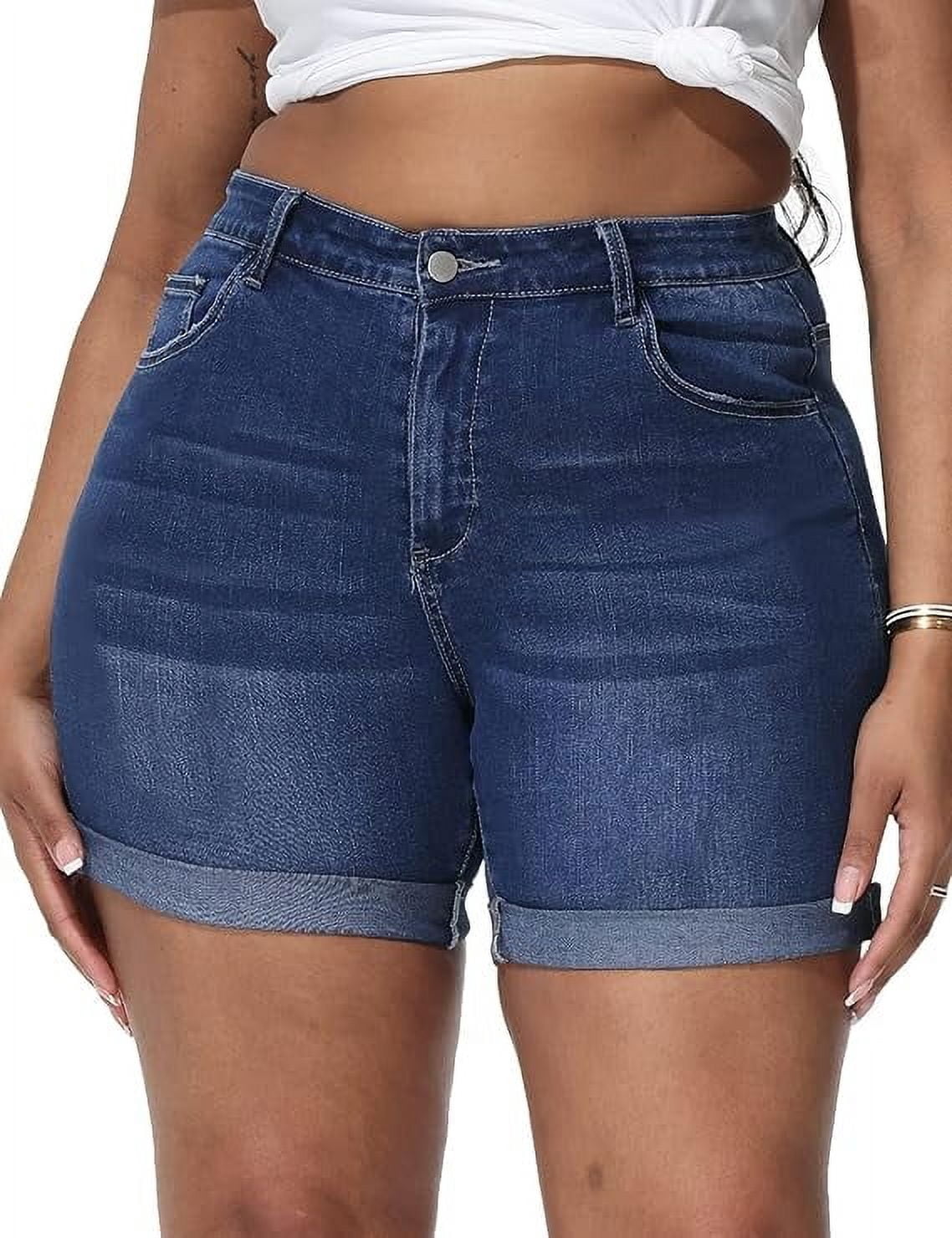 Women's Plus Size High Rise Denim Shorts in Medium Blue