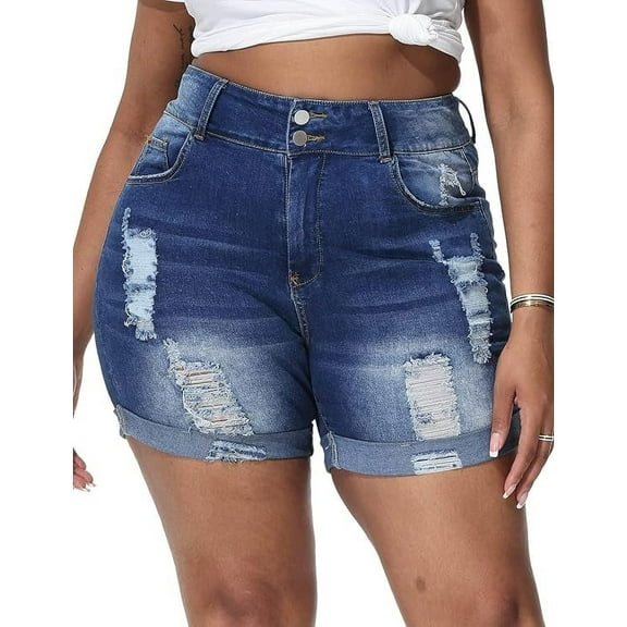 Gocolloa Womens Plus Size Jean Shorts Stretchy High Waisted Distressed Fold Hem Denim Shorts Bamboo Royal Blue 16W
