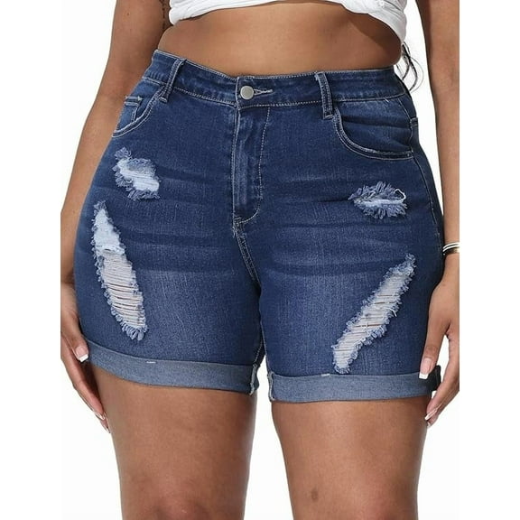 Gocolloa Womens Plus Size Jean Shorts Stretchy High Waisted Distressed Fold Hem Denim Shorts Bamboo Royal Blue 18W