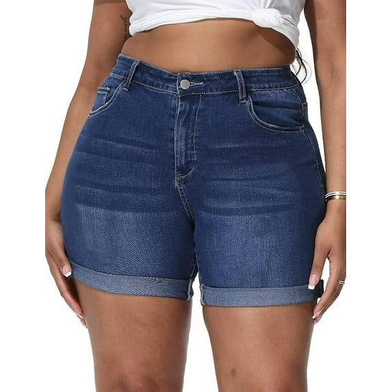 Gocolloa Womens Plus Size Jean Shorts Stretchy High Waisted Distressed Fold Hem Denim Shorts Bamboo Royal Blue 20W