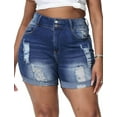thumbnail image 1 of Gocolloa Womens Plus Size Jean Shorts Stretchy High Waisted Distressed Fold Hem Denim Shorts Bamboo Royal Blue 26W, 1 of 5