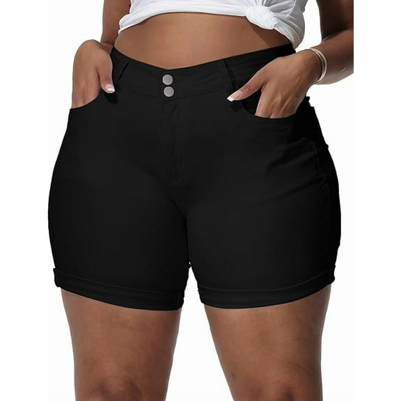 Gocolloa Womens Plus Size Jean Shorts Stretchy High Waisted Distressed Fold Hem Denim Shorts Black 14W