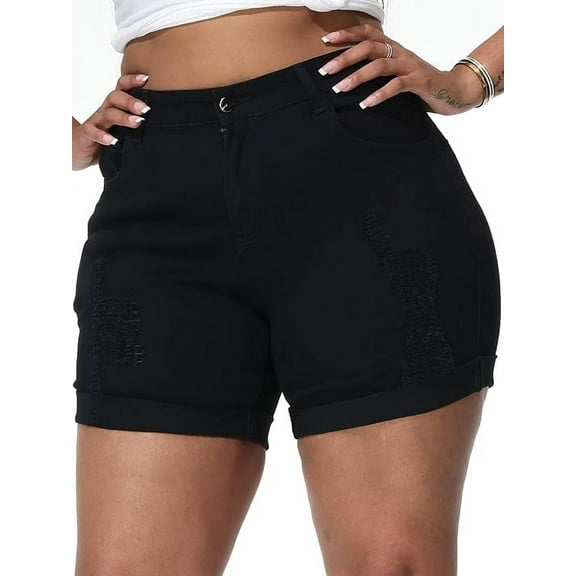 Gocolloa Womens Plus Size Jean Shorts Stretchy High Waisted Distressed Fold Hem Denim Shorts Black 16W