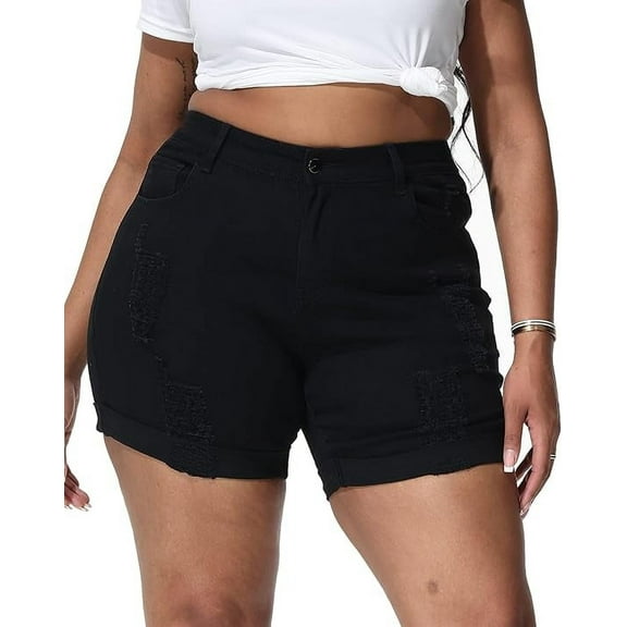 Gocolloa Womens Plus Size Jean Shorts Stretchy High Waisted Distressed Fold Hem Denim Shorts Black 26W