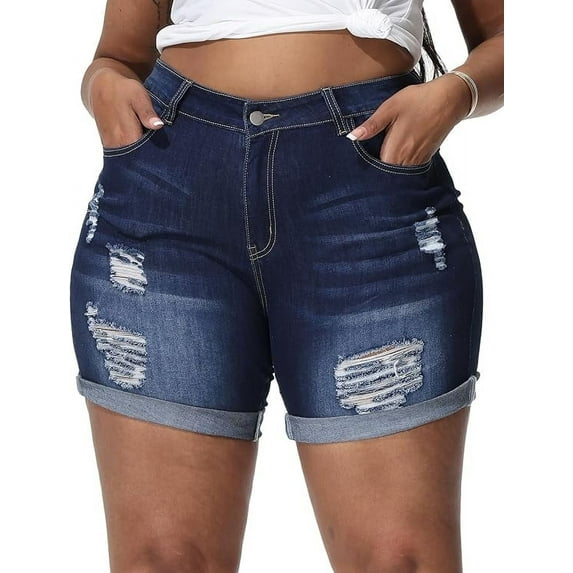 Gocolloa Womens Plus Size Jean Shorts Stretchy High Waisted Distressed Fold Hem Denim Shorts Dark Blue 16W