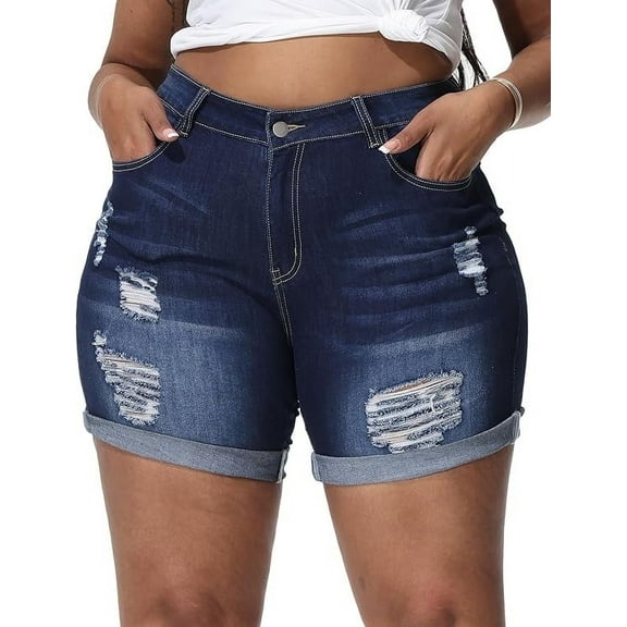 Gocolloa Womens Plus Size Jean Shorts Stretchy High Waisted Distressed Fold Hem Denim Shorts Dark Blue 24W