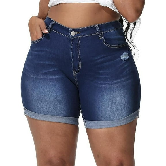 Gocolloa Womens Plus Size Jean Shorts Stretchy High Waisted Distressed Fold Hem Denim Shorts Dark Blue 24W
