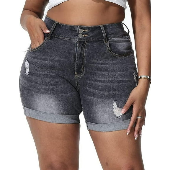 Gocolloa Womens Plus Size Jean Shorts Stretchy High Waisted Distressed Fold Hem Denim Shorts Gray 16W