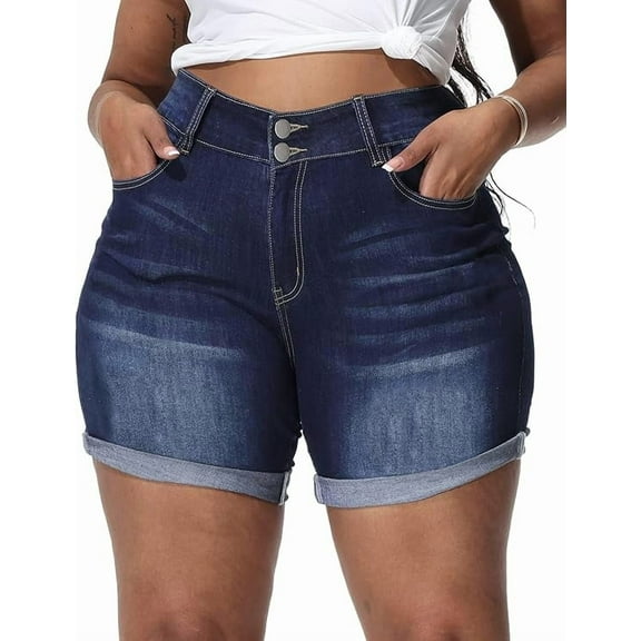 Gocolloa Womens Plus Size Jean Shorts Stretchy High Waisted Distressed Fold Hem Denim Shorts Gray Blue 14W