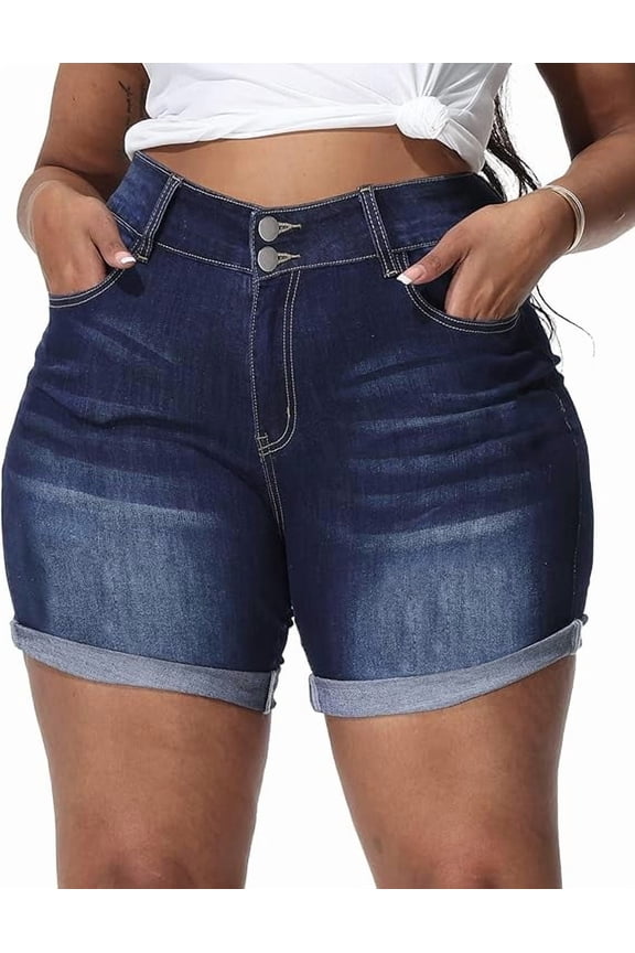 Womens Plus Size Jean Shorts Stretchy High Waisted Distressed Fold Hem Denim Shorts Gray Blue 22W